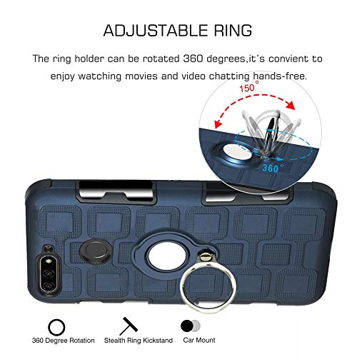 LFDZ Huawei Y6 2018 Anillo Soporte Funda 360 Grados Giratorio Ring Grip con Gel TPU Case Carcasa Fundas para Huawei Y6 2018 / Honor 7A / Enjoy 8E Smartphone(con 4 en 1 Regalo empaquetado),Deep Blue