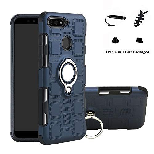 LFDZ Huawei Y6 2018 Anillo Soporte Funda 360 Grados Giratorio Ring Grip con Gel TPU Case Carcasa Fundas para Huawei Y6 2018 / Honor 7A / Enjoy 8E Smartphone(con 4 en 1 Regalo empaquetado),Deep Blue