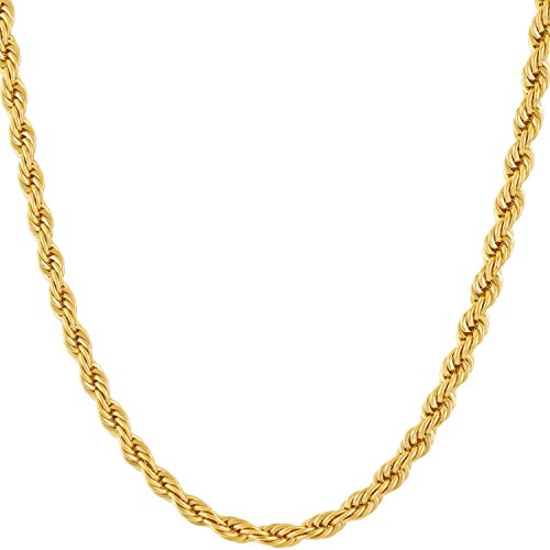 Lifetime Jewelry - Collar de cadena de cuerda de 4 mm chapado en oro auténtico de 24 quilates, para hombres y mujeres