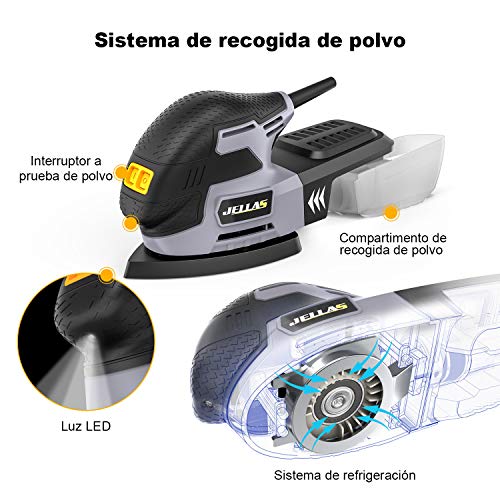 Lijadora Eléctrica 220W - JELLAS Máquina Lijadora Compacta para Madera, 13,000 RPM con Recolección de Polvo, 16 Piezas de Papel de Lija, Lija de Dedo y Almohadilla de Lijado Incluidos