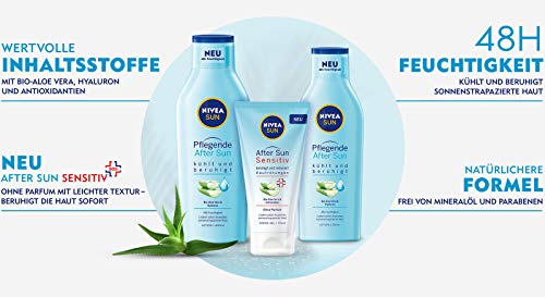 Loción para después del sol Nivea Sun (250 ml), loción con efecto calmante después del baño de sol, After Sun con aloe vera orgánico y ácido hialurónico para 48 horas de humedad.