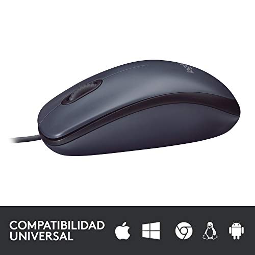 Logitech B100 Ratón con Cable, 3 Botones, Seguimiento Óptico, Ambidiestro, PC/Mac/Portátil, Negro