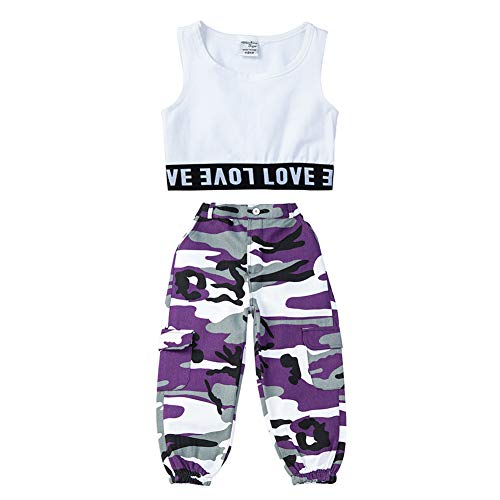 LOLANTA 2 Piezas Niñas Hip Hop Street Dance Ropa Individual Juego Crop Tank Top + Camuflaje Pantalones Basculador (10-11 años, Morado)