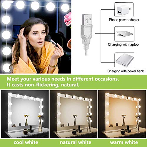 Luces De Espejo De Tocador Maquillaje Led Kit Usb Cable Hollywood, 10 Bombillas Dimmable 3 Modos De Color y 10 De Brillo, Para Diy Maquillaje Espejos Vestidor Baño Luz (Sin Espejo y Cargador Usb)