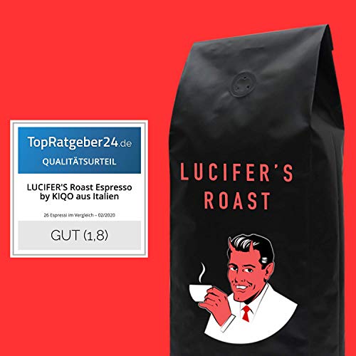 LUCIFER'S ROAST Espresso de KIQO de Italia - 500g café extremadamente fuerte - bajo en ácido - 100% Robusta - tostado a mano en lotes pequeños (grano de café, 500g)