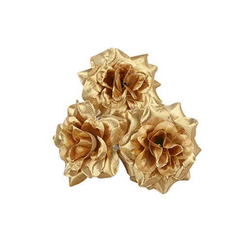 Luoem - Flor artificial dorada, de seda: Cabezas de rosas para decorar bodas, sombreros, vestidos, álbumes; en paquete de 50 unidades