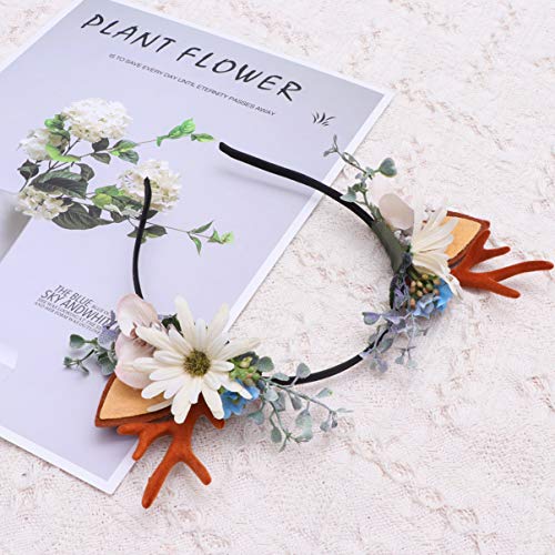 Lurrose diadema de asta diadema de flores de ciervo de navidad baya reno accesorios para el cabello para fiesta festival (blanco)