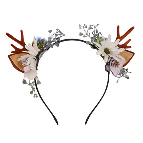 Lurrose diadema de asta diadema de flores de ciervo de navidad baya reno accesorios para el cabello para fiesta festival (blanco)