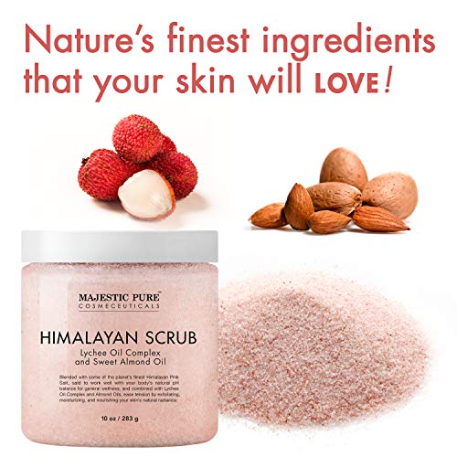 Majestic Pure Himalayan Salt Body Scrub with Lychee Essential Oil, All Natural Scrub to Exfoliate & Moisturize Skin, 12 oz