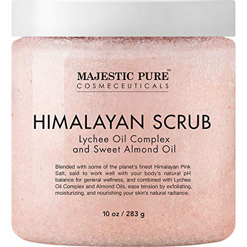 Majestic Pure Himalayan Salt Body Scrub with Lychee Essential Oil, All Natural Scrub to Exfoliate & Moisturize Skin, 12 oz