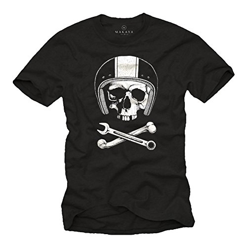 MAKAYA Calavera con Casco - Camiseta Motocross - Hombre Negra XXL