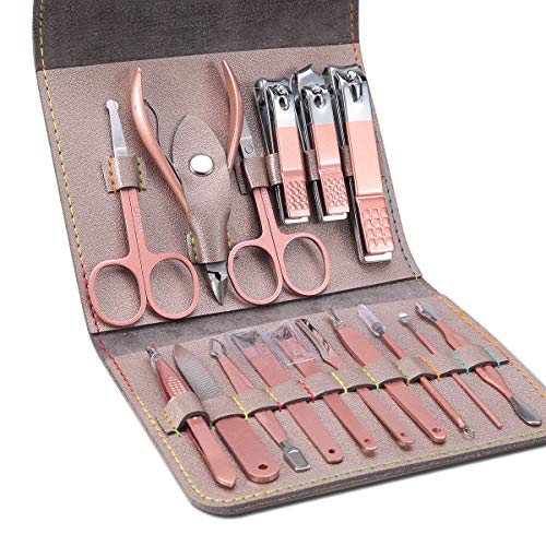 Manicura Pedicura Set 16 PCS Profesional Cortaúñas Acero Inoxidable Grooming Kit - Con Estuche De Viaje De Cuero Lujoso（Gris Plateado）