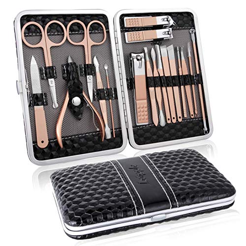 Manicura Pedicura Set 18 PCS Profesional Cortaúñas Acero Inoxidable Grooming Kit - Con Estuche De Viaje De Cuero Lujoso（Negro）