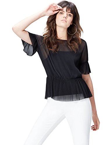 Marca Amazon - find. Top Plisado con Transparencias para Mujer, Multicolor (Black), 38, Label: S