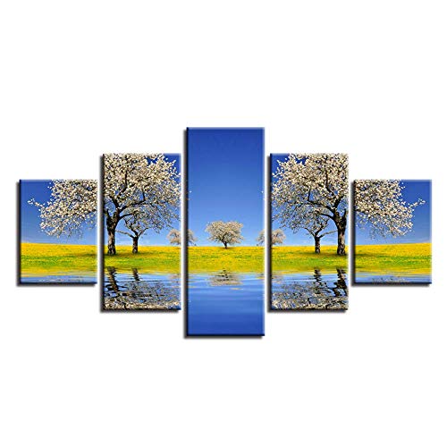 MAXUE Arte de la Pared Pinturas Decoración Impresa Hermoso Peral Flor Árbol Río Hierba Campo Paisaje Lienzo Imágenes-40x60cmx2 40x80cmx2 40x100cm Sin Marco