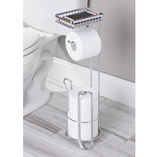 mDesign Portarrollos de pie de metal ? Accesorios de baño sin taladro ? Soporte para papel higiénico con diseño atemporal ? plateado