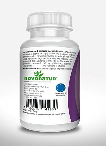 Melatonina 0,5mg con vitamina B6, 60 comprimidos de melatonina masticable sublingual con sabor a fresa, regula el ciclo del sueño, ideal para el jet lag. NOVONATUR.