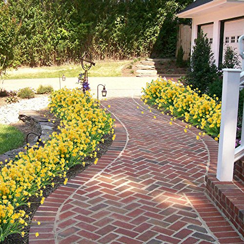 MIHOUNION Flores Falsas Artificiales, 4 pcs Faux narcisos Amarillos Arbustos Verdes Plantas arbustos de plástico Interior Exterior Colgando macetero Cementerio de la Boda decoración jarrones