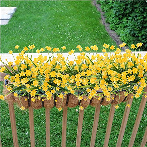 MIHOUNION Flores Falsas Artificiales, 4 pcs Faux narcisos Amarillos Arbustos Verdes Plantas arbustos de plástico Interior Exterior Colgando macetero Cementerio de la Boda decoración jarrones