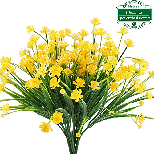 MIHOUNION Flores Falsas Artificiales, 4 pcs Faux narcisos Amarillos Arbustos Verdes Plantas arbustos de plástico Interior Exterior Colgando macetero Cementerio de la Boda decoración jarrones