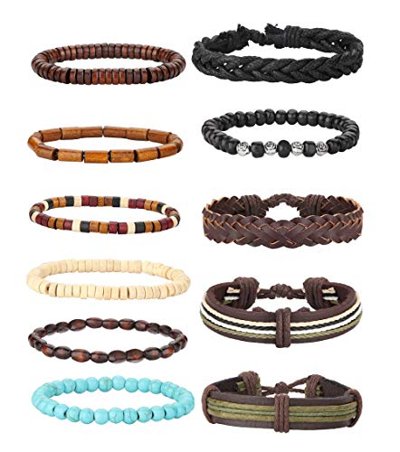 Milacolato 26 Piezas Tejidas Pulsera de Cuero Trenzado para Hombres Mujeres Cordones de Cáñamo Cuentas de Madera Brazaletes de Puño Ajustable