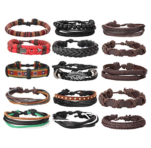 Milacolato 26 Piezas Tejidas Pulsera de Cuero Trenzado para Hombres Mujeres Cordones de Cáñamo Cuentas de Madera Brazaletes de Puño Ajustable