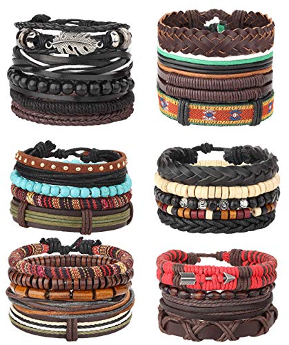 Milacolato 26 Piezas Tejidas Pulsera de Cuero Trenzado para Hombres Mujeres Cordones de Cáñamo Cuentas de Madera Brazaletes de Puño Ajustable