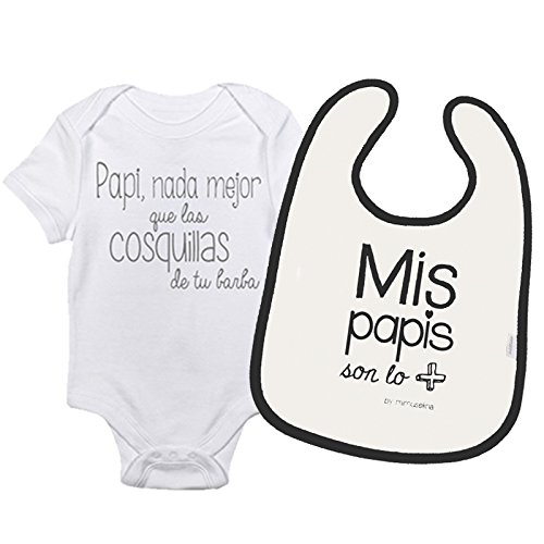 Mimuselina Pack Body Bebé Manga Corta y Babero Bebé Original - Papi nada Mejor que las Cosquillas de tu Barba - Babero mis Papis son lo más. Regalo Padre Primerizo y Recién Nacido