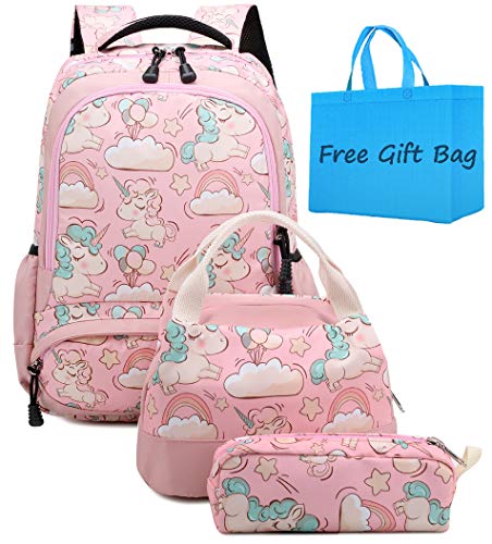 Mochila Escolar Unicornio Niña Infantil Adolescentes Sets de Mochila Backpack Casual Set con Bolsa del Almuerzo y Estuche de Lápices Rosa