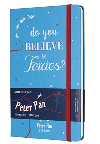 Moleskine de Peter Pan Edición Limitada, Cuaderno de Rayas con Gráficos y Detalles Temáticos de Peter Pan y Campanilla, Tapa Dura, Tamaño Grande 13 x 21 cm, Azul, 240 Páginas