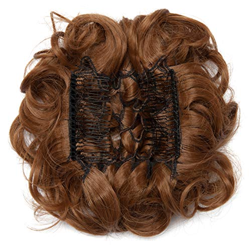 Moño Postizo Voluminoso Rizado con Peine de Clips [Castaño Caoba Claro] Pelo Sintético Se Ve Natural Recogido Extensiones de Cabello Clip Postizos para Mujer (80g)