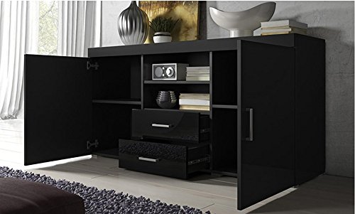 muebles bonitos Aparador Moderno Modelo Roque Negro de melamina Brillo Ancho 140cm Alto 80cm Profundo 40cm