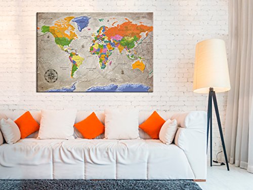 murando - Mapamundi con Tablero para Clavar chinchetas 90x60 cm - Cuadro en Lienzo sintético - Panel de Fibra - Mapa del Mundo Continente - k-A-0133-v-a