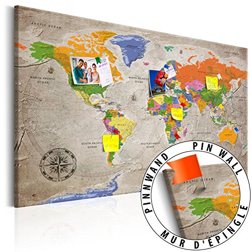 murando - Mapamundi con Tablero para Clavar chinchetas 90x60 cm - Cuadro en Lienzo sintético - Panel de Fibra - Mapa del Mundo Continente - k-A-0133-v-a