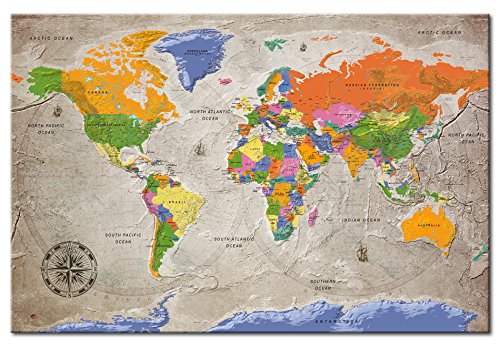 murando - Mapamundi con Tablero para Clavar chinchetas 90x60 cm - Cuadro en Lienzo sintético - Panel de Fibra - Mapa del Mundo Continente - k-A-0133-v-a