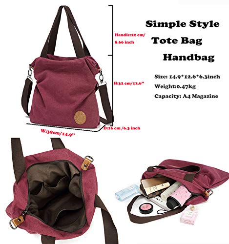 Myhozee Bolsos de Mujer,Bolso Bandolera Mujer Bolso Lona de Hombro Bolso Tote Bolso Shopper Bolso de Mano para Multifuncional -Vino Rojo