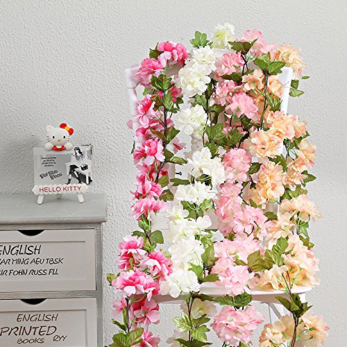 MZMing 2piecesx235cm Artificial Cereza Colgando Vid Flor Artificial Brote Flor Planta Artificial Flor Vid Hojas Para Familia Jardín Fiesta Cerca Decoración de la Boda-Blanco