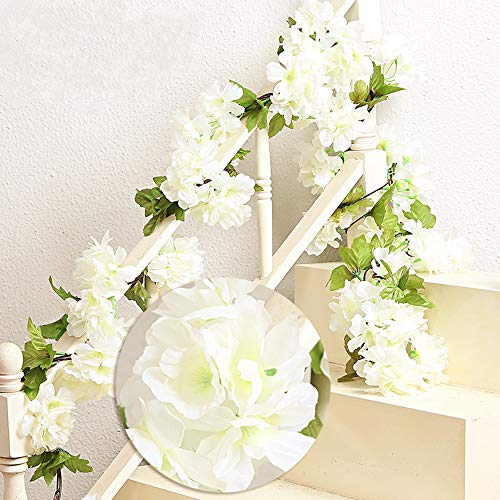 MZMing 2piecesx235cm Artificial Cereza Colgando Vid Flor Artificial Brote Flor Planta Artificial Flor Vid Hojas Para Familia Jardín Fiesta Cerca Decoración de la Boda-Blanco