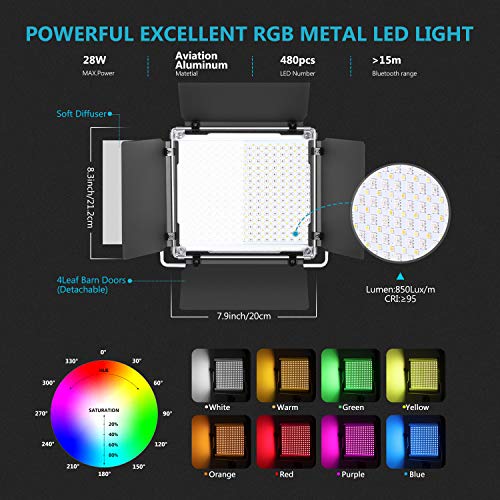 Neewer 2 Packs Luz LED RGB 480 con Control Aplicación Kit Iluminación Video y Fotografía con Soportes y Bolsa 480 LED SMD CRI92 3200K-5600K Brillo 0-100% 0-360 Colores Ajustables