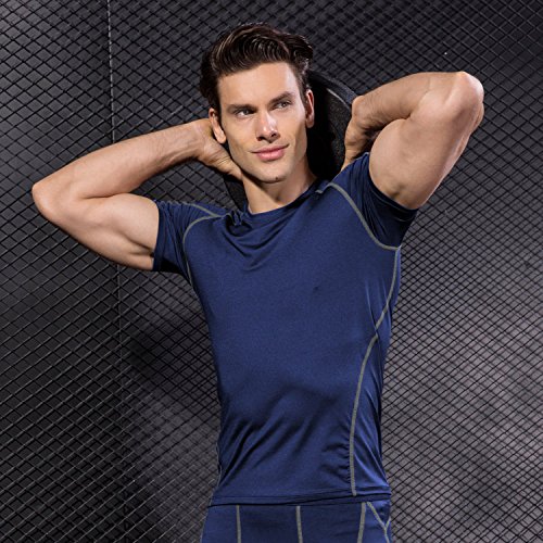 Niksa 2 Piezas Camisetas de Fitness Compresión Ropa Deportiva Manga Corta Hombre para Correr, Ejercicio,Gimnasio Negro Rojo+Azul Marino1053(M)