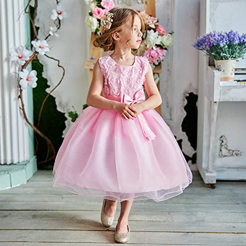 NNJXD Vestido de Fiesta de Princesa con Encaje de Flor de 3D sin Mangas para Niñas Talla(160) 7-8 Años Rosa