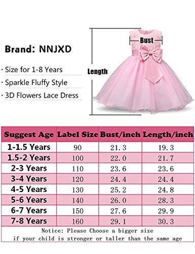 NNJXD Vestido de Fiesta de Princesa con Encaje de Flor de 3D sin Mangas para Niñas Talla(160) 7-8 Años Rosa