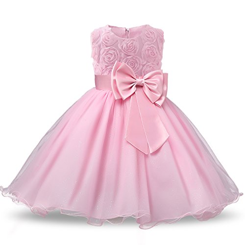 NNJXD Vestido de Fiesta de Princesa con Encaje de Flor de 3D sin Mangas para Niñas Talla(160) 7-8 Años Rosa