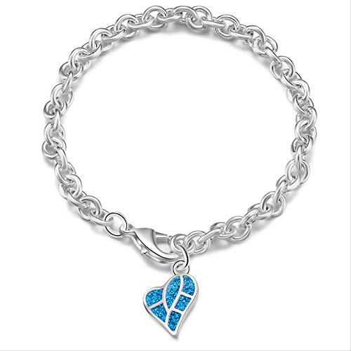 NOBRAND Charm Braccialetti a Forma di Cuore con Opale BLU Femme Regali a Catena con maglie a Catena Color Argento