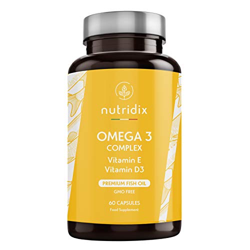 Omega 3 2000 mg por Dosis - Ácidos Grasos Esenciales DHA y EPA - Aceite de Pescado Puro Alta Concentración con Vitamina D y E - 60 Cápsulas Nutridix