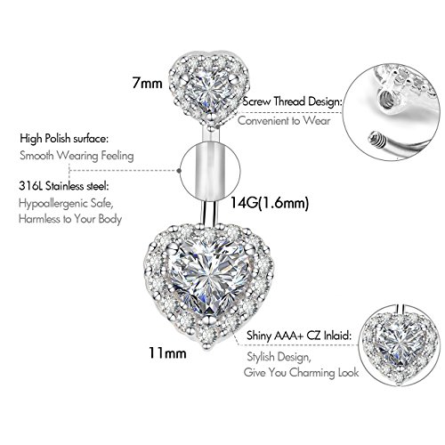 OUFER 316L Surgical Steel Double Heart Cubic Zirconia Belly Button Ring 14G (1.6mm) (18ct White Gold)