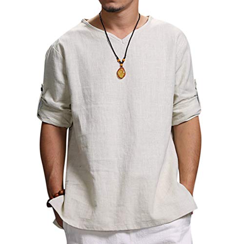 Overdose Camisetas Hombres Blusa De Lino De Color Puro De Verano Nuevo para Hombre Blusa De Moda Cómoda Elegante Tallas Grandes para Bodas Oferta Informal Italianas Ibicenca