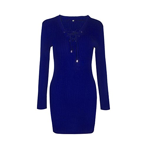 OverDose mujer De Manga Larga con Cuello En V Botones Invierno OtoñO Moda Sexy Delgado Nuevo Casual Bodycon CóCtel Mini Vestido (XL, R-Azul)