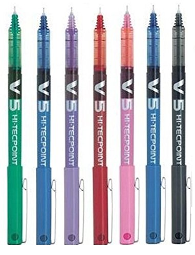 Pack de 7 Bolígrafos Pilot BX V5 Varios Colores - Bolígrafo Extra Fino Hi-Tecpoint con Punta 0.5mm - Anchura de Línea de 0.3mm (1x de Cada Color: Negro Rojo Azul Verde Violeta Rosa Azul Claro)