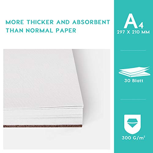 papel de dibujo,30 hojas Bloc papel de dibujo 300gsm A4 Papel para acuarela,Libre de ácido Prensado en frío Acuarela de Papel para acuarela y técnica mixta, blanco